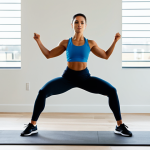 A focused individual in professional, modest athletic wear, performing dynamic warm-up movements such as controlled leg swings and arm circles, within a clean, modern home workout space bathed in natural light. The atmosphere conveys energy and preparation. This is a professional photography shot, with sharp focus, fully clothed, appropriate attire, safe for work, perfect anatomy, correct proportions, natural pose, well-formed hands, proper finger count, natural body proportions, and modest content.