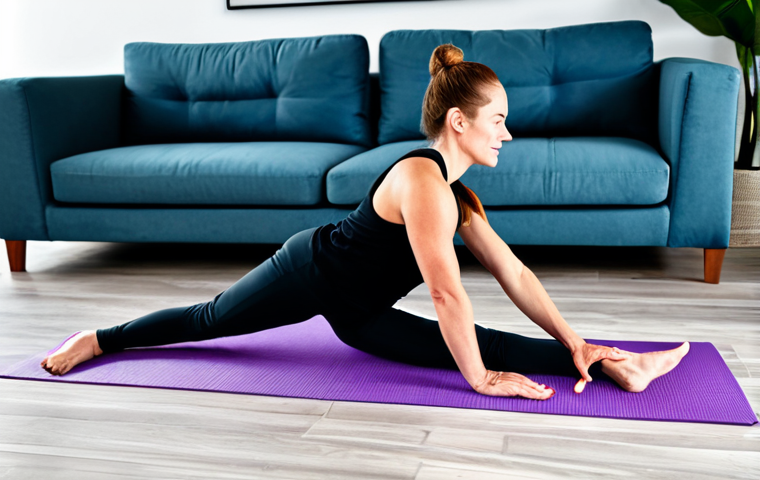 **

"A woman in athletic wear, *fully clothed*, performing dynamic stretches in a bright, modern living room. Yoga mat on the floor. *Safe for work*, *appropriate content*, *professional* photography style, showing correct form, natural pose, *perfect anatomy*, family-friendly."

**