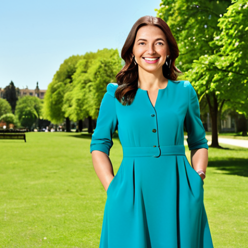 Confident Woman**

"A smiling woman in her 30s, wearing a stylish and modest midi dress in a sunny park. She has a confident pose and is looking directly at the camera. Background: lush green trees and blue sky.  Fully clothed, appropriate attire, safe for work. Perfect anatomy, correct proportions, natural pose, well-formed hands. Professional, family-friendly, high quality."

**