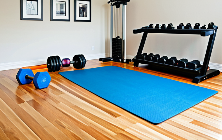 홈트 운동 기구 가격 비교 - Home Gym Setup**

"A well-organized home gym space in a living room. Includes adjustable dumbbells, ...