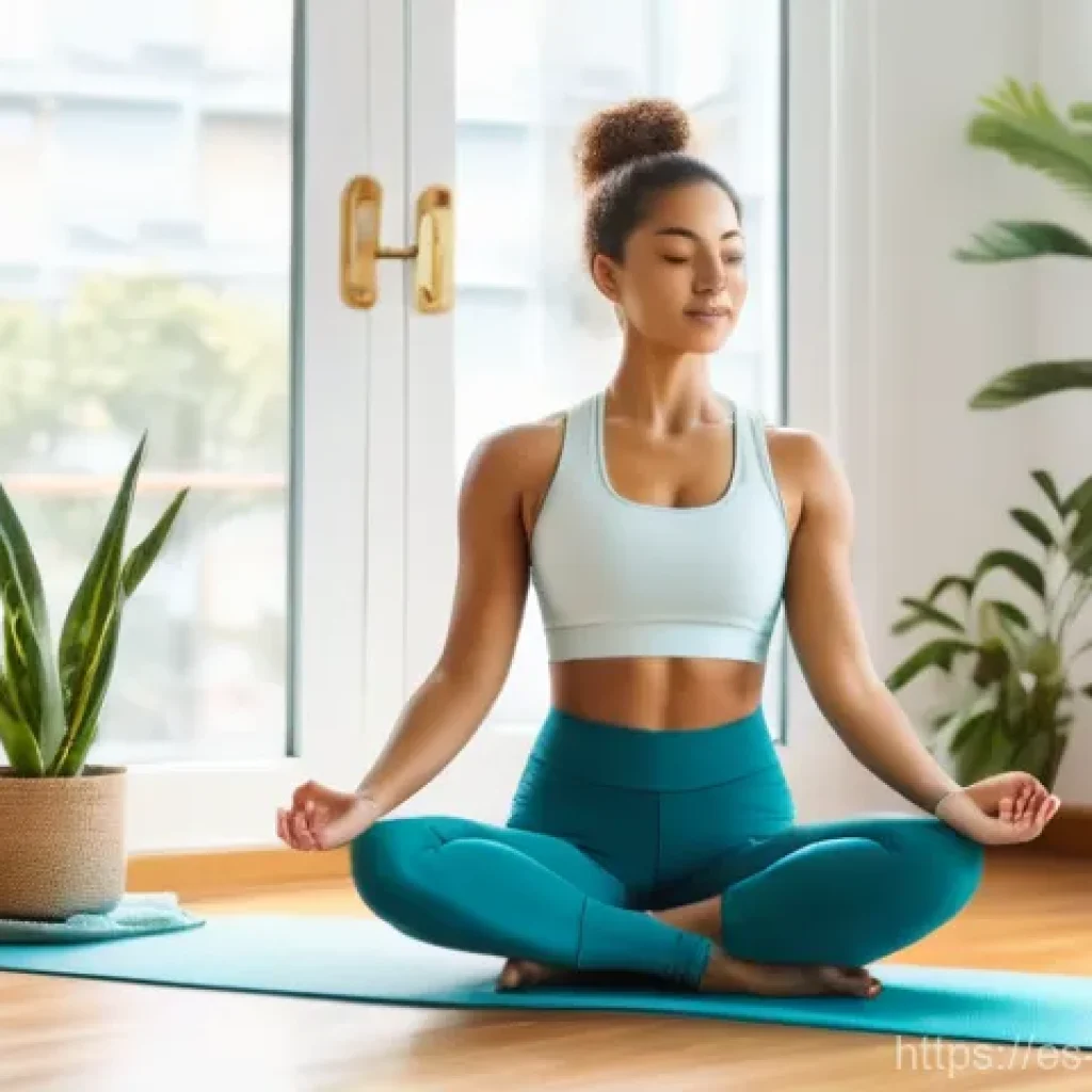 홈트 운동에서 즐거운 분위기 만들기 - **A bright and energetic home workout corner.** A fit individual, wearing a comfortable sports bra a...