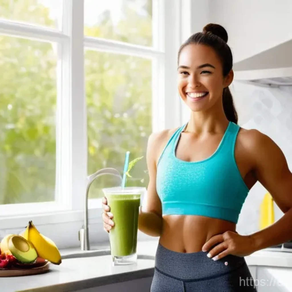 홈트 운동을 위한 식사 전후 습관 - **Prompt 1: Pre-Workout Energy Boost**
    "A fit and energetic woman in her late 20s, with a radian...