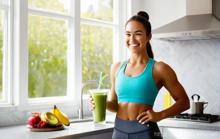 홈트 운동을 위한 식사 전후 습관 - **Prompt 1: Pre-Workout Energy Boost**
    "A fit and energetic woman in her late 20s, with a radian...