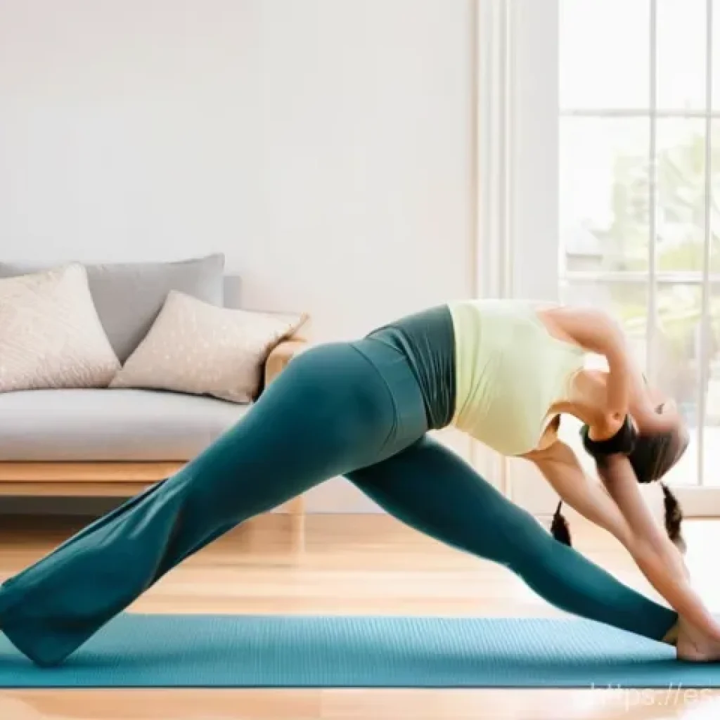 홈트 운동의 심리적 효과 - **Prompt:** A woman in her early 30s, with a serene and peaceful expression, is performing a gentle,...