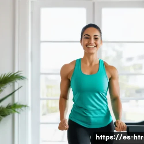 홈트 운동 후 피로 회복법 - A young Hispanic woman wearing comfortable athletic wear including a fitted sports bra and leggings,...