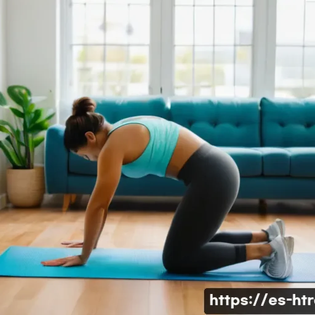 홈트 운동 다이어트 효과 - A balanced home workout scene featuring a fit young Hispanic woman in comfortable athletic wear perf...