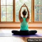 Home 22 홈트 운동 후 스트레칭 - A serene home workout space featuring a young adult woman performing a static stretching routine aft...