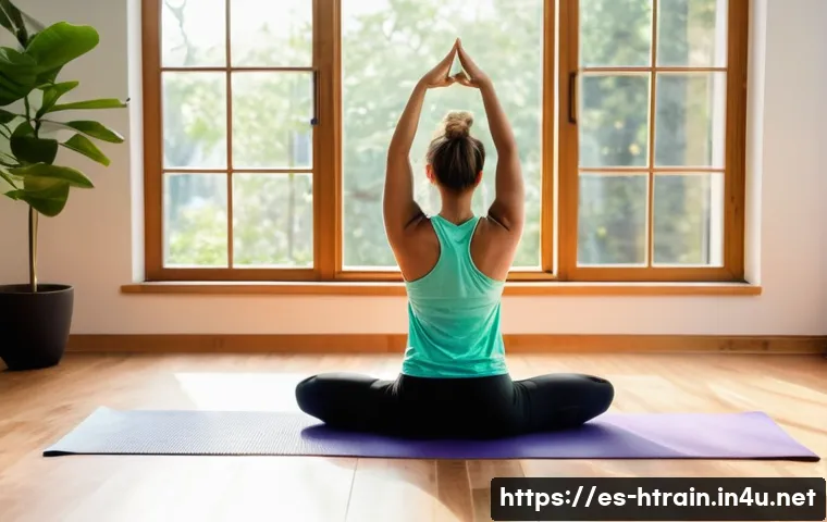 홈트 운동 후 스트레칭 - A serene home workout space featuring a young adult woman performing a static stretching routine aft...