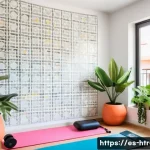 Home 20 홈트 운동 습관 변화 프로그램 - A bright and cozy home workout corner in a modern Spanish apartment, featuring a neatly organized sp...