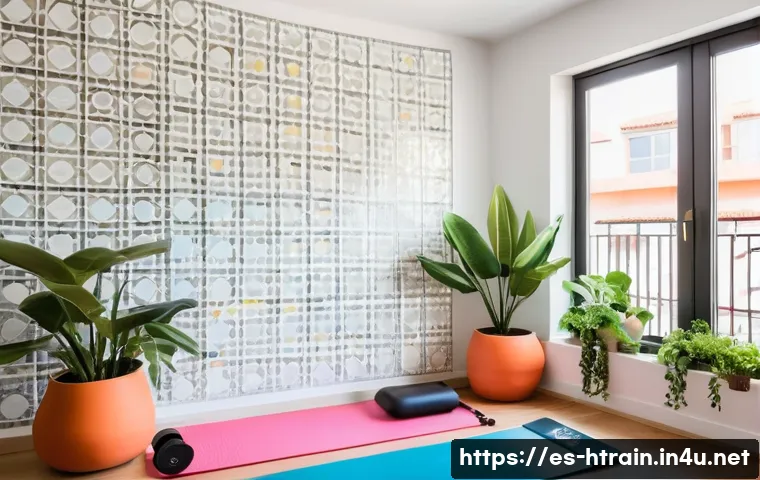홈트 운동 습관 변화 프로그램 - A bright and cozy home workout corner in a modern Spanish apartment, featuring a neatly organized sp...